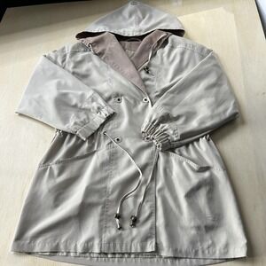 American Bazaar Coat Womens Large Beige Microfiber Hooded Lined Parka Drawstring